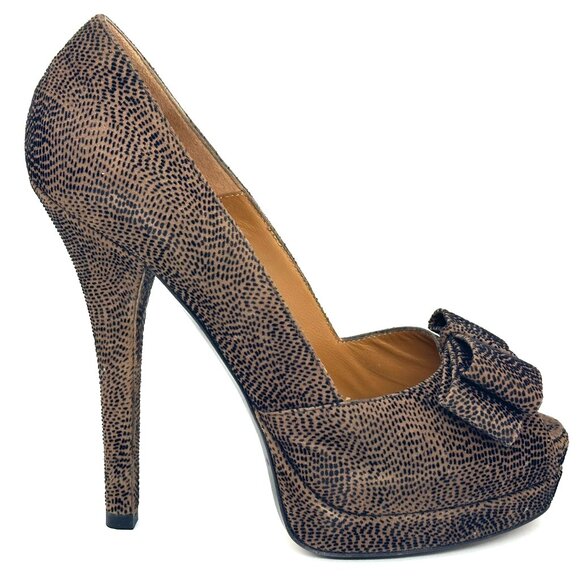 FENDI Deco Textured Suede Peep Toe Bow Platform Pumps Shoes Heels